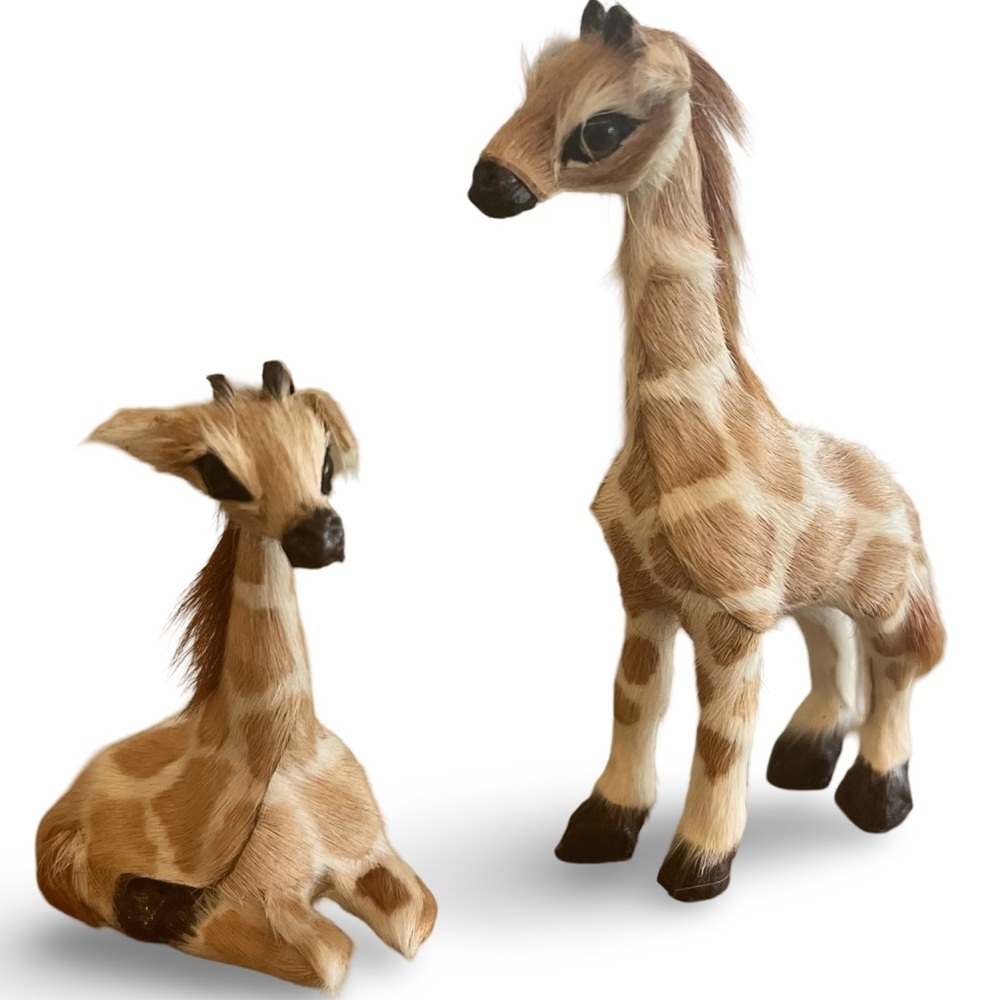 Giraffe Goat Hair On Hide Figurine Pair From Kenya Vintage 1960